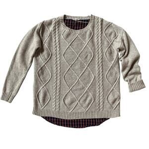 Mystree Anthropologie Textured Cable Knit Beige Sweater | S, Angora Blend, Plaid